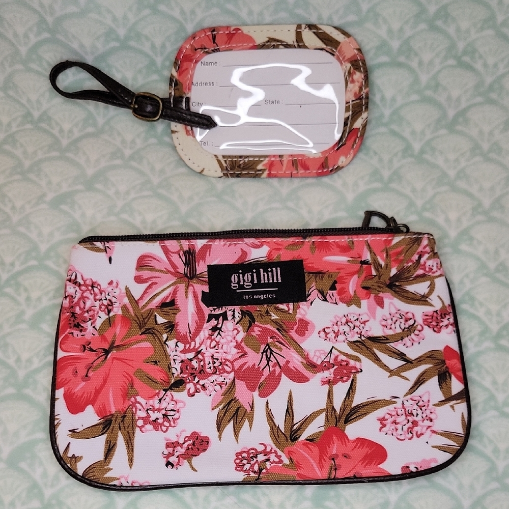 Gigi Hill HIGH TEA Floral Pouch and Luggage Tag Set PINK HIBISCUS